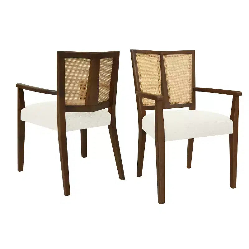 Sedia da pranzo imbottita in lino color noce con schienale in rattan, set da 2