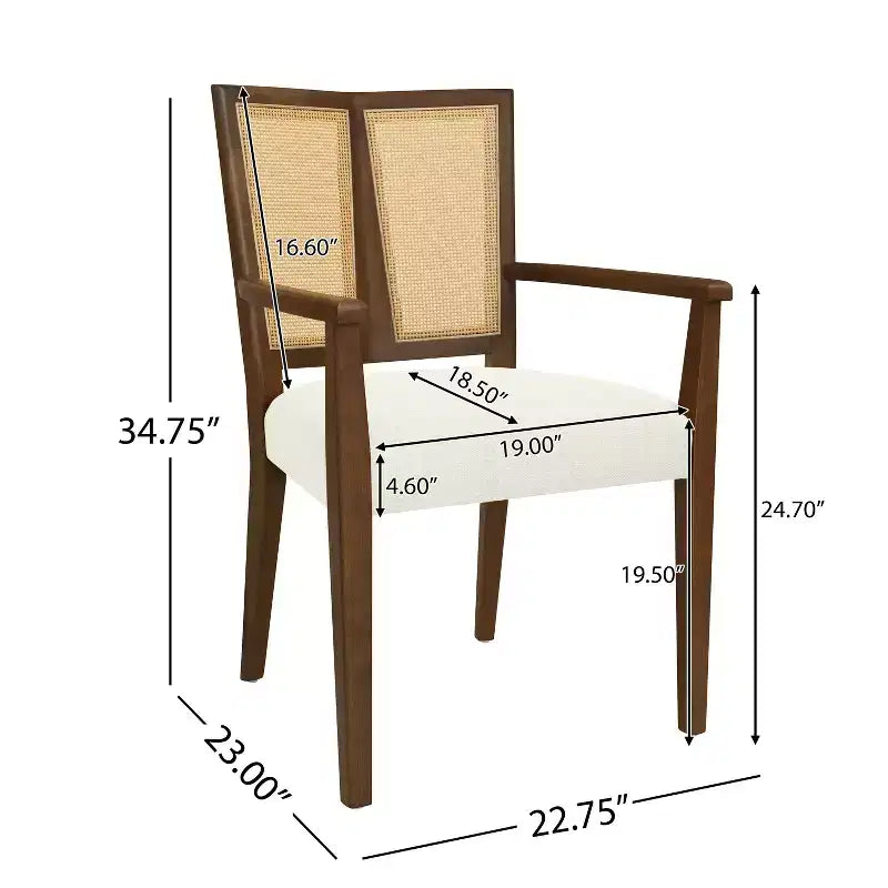 Sedia da pranzo imbottita in lino color noce con schienale in rattan, set da 2