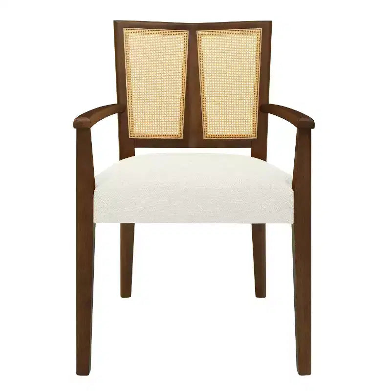 Sedia da pranzo imbottita in lino color noce con schienale in rattan, set da 2