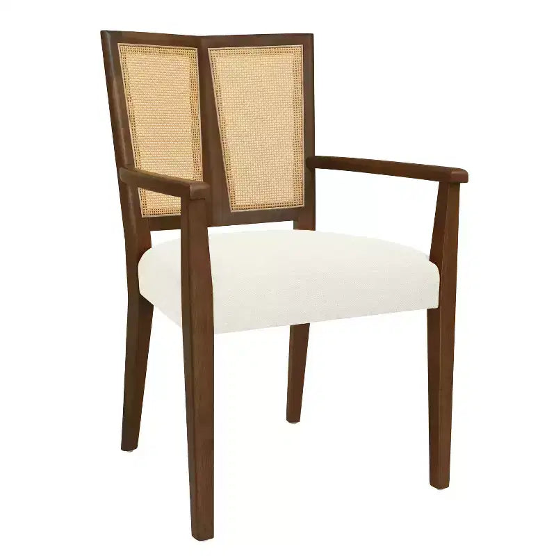 Sedia da pranzo imbottita in lino color noce con schienale in rattan, set da 2