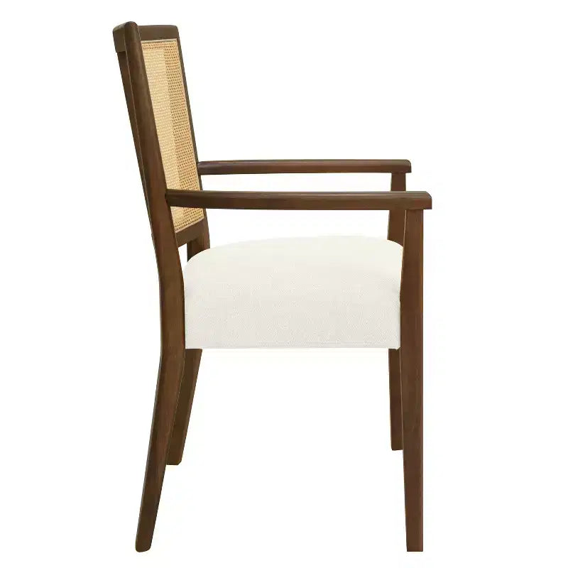 Sedia da pranzo imbottita in lino color noce con schienale in rattan, set da 2