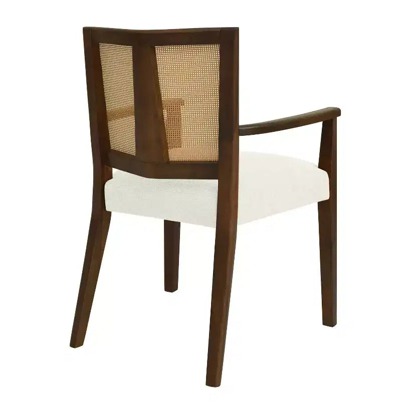 Sedia da pranzo imbottita in lino color noce con schienale in rattan, set da 2