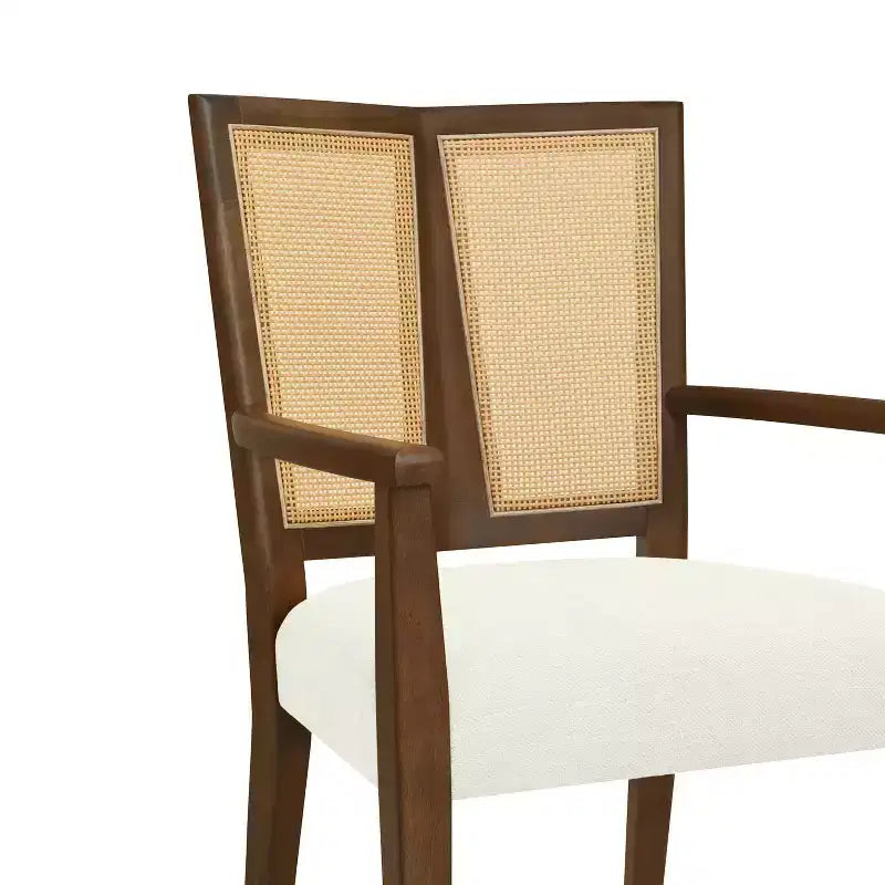 Sedia da pranzo imbottita in lino color noce con schienale in rattan, set da 2