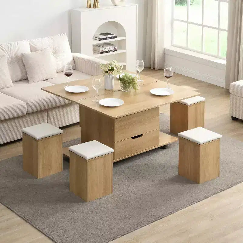 Tavolino da caffè moderno con piano sollevabile, contenitore a scomparsa e 4 sgabelli, Nero / Bianco Naturale / Noce Bianco, per un massimo di 5 persone