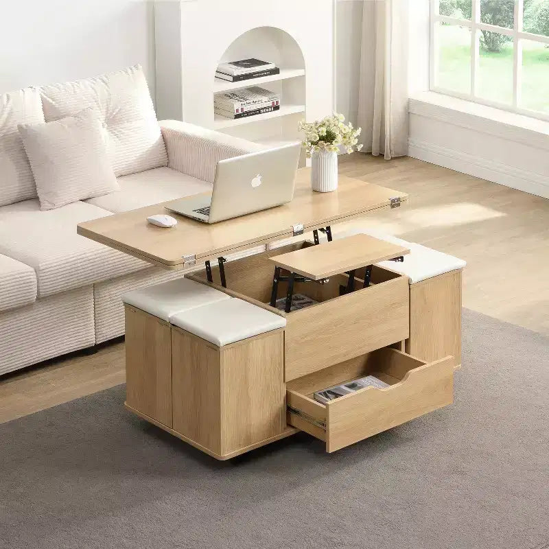 Tavolino da caffè moderno con piano sollevabile, contenitore a scomparsa e 4 sgabelli, Nero / Bianco Naturale / Noce Bianco, per un massimo di 5 persone