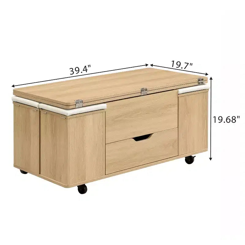 Tavolino da caffè moderno con piano sollevabile, contenitore a scomparsa e 4 sgabelli, Nero / Bianco Naturale / Noce Bianco, per un massimo di 5 persone