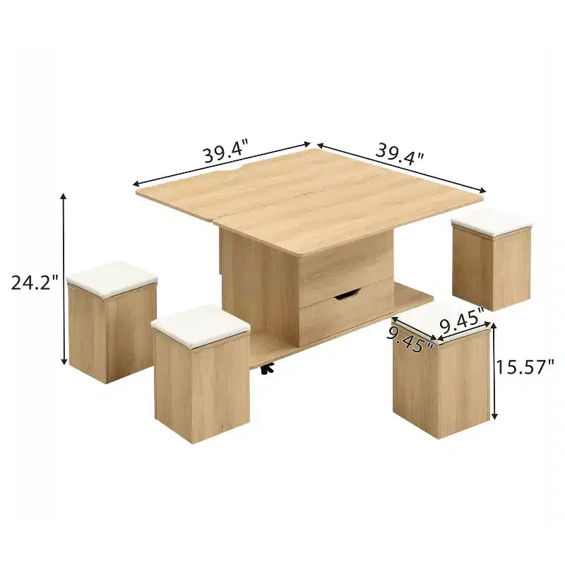 Tavolino da caffè moderno con piano sollevabile, contenitore a scomparsa e 4 sgabelli, Nero / Bianco Naturale / Noce Bianco, per un massimo di 5 persone