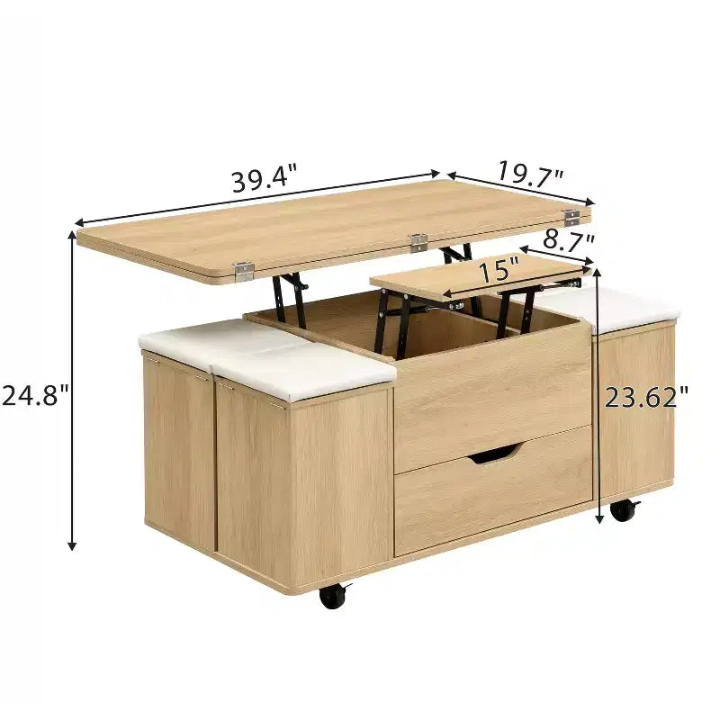 Tavolino da caffè moderno con piano sollevabile, contenitore a scomparsa e 4 sgabelli, Nero / Bianco Naturale / Noce Bianco, per un massimo di 5 persone