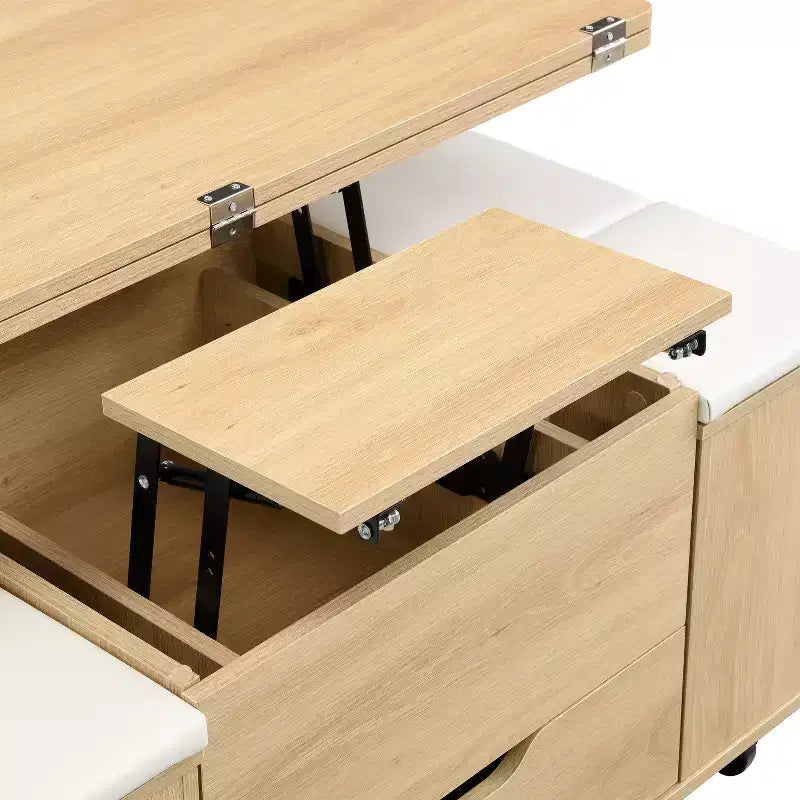Tavolino da caffè moderno con piano sollevabile, contenitore a scomparsa e 4 sgabelli, Nero / Bianco Naturale / Noce Bianco, per un massimo di 5 persone