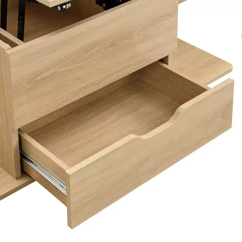 Tavolino da caffè moderno con piano sollevabile, contenitore a scomparsa e 4 sgabelli, Nero / Bianco Naturale / Noce Bianco, per un massimo di 5 persone