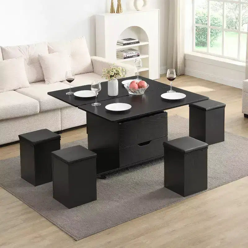 Tavolino da caffè moderno con piano sollevabile, contenitore a scomparsa e 4 sgabelli, Nero / Bianco Naturale / Noce Bianco, per un massimo di 5 persone