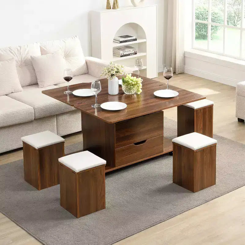 Tavolino da caffè moderno con piano sollevabile, contenitore a scomparsa e 4 sgabelli, Nero / Bianco Naturale / Noce Bianco, per un massimo di 5 persone