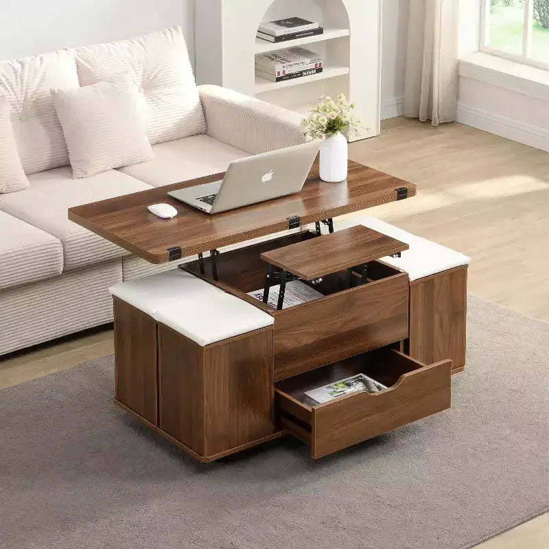 Tavolino da caffè moderno con piano sollevabile, contenitore a scomparsa e 4 sgabelli, Nero / Bianco Naturale / Noce Bianco, per un massimo di 5 persone