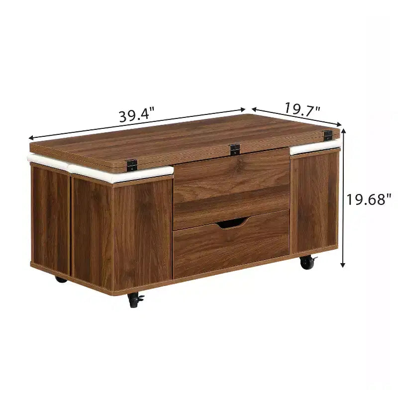 Tavolino da caffè moderno con piano sollevabile, contenitore a scomparsa e 4 sgabelli, Nero / Bianco Naturale / Noce Bianco, per un massimo di 5 persone