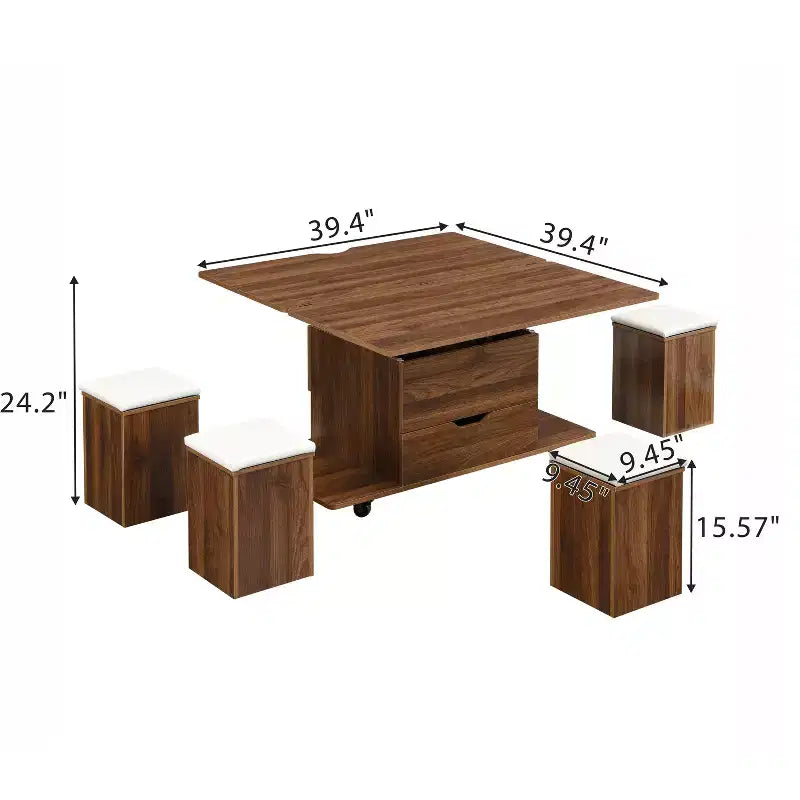 Tavolino da caffè moderno con piano sollevabile, contenitore a scomparsa e 4 sgabelli, Nero / Bianco Naturale / Noce Bianco, per un massimo di 5 persone