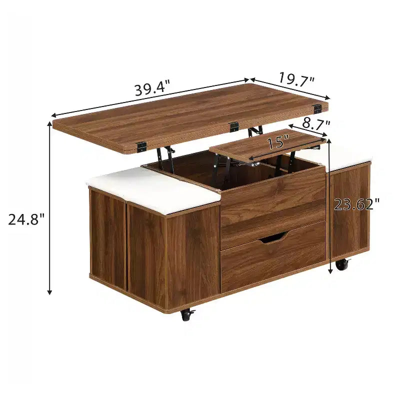 Tavolino da caffè moderno con piano sollevabile, contenitore a scomparsa e 4 sgabelli, Nero / Bianco Naturale / Noce Bianco, per un massimo di 5 persone