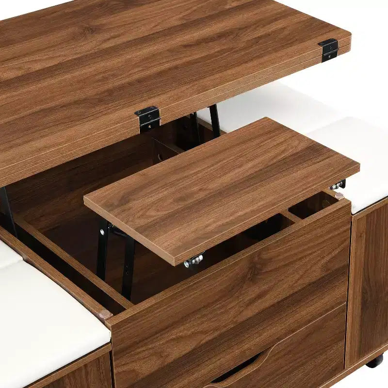 Tavolino da caffè moderno con piano sollevabile, contenitore a scomparsa e 4 sgabelli, Nero / Bianco Naturale / Noce Bianco, per un massimo di 5 persone