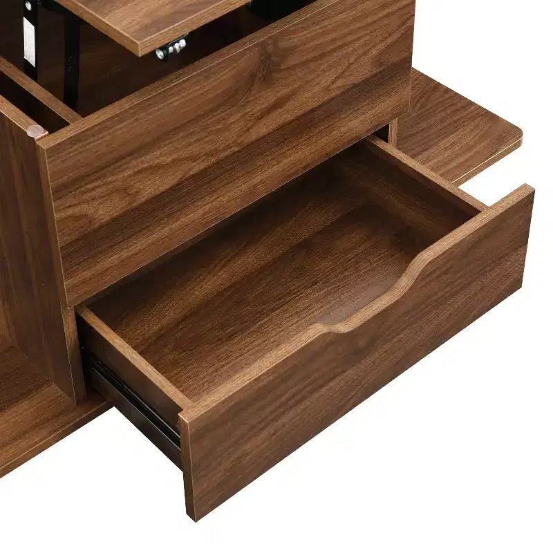 Tavolino da caffè moderno con piano sollevabile, contenitore a scomparsa e 4 sgabelli, Nero / Bianco Naturale / Noce Bianco, per un massimo di 5 persone