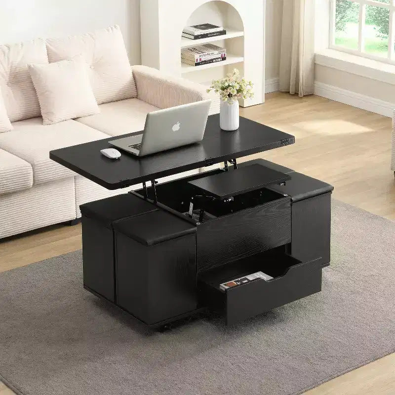 Tavolino da caffè moderno con piano sollevabile, contenitore a scomparsa e 4 sgabelli, Nero / Bianco Naturale / Noce Bianco, per un massimo di 5 persone