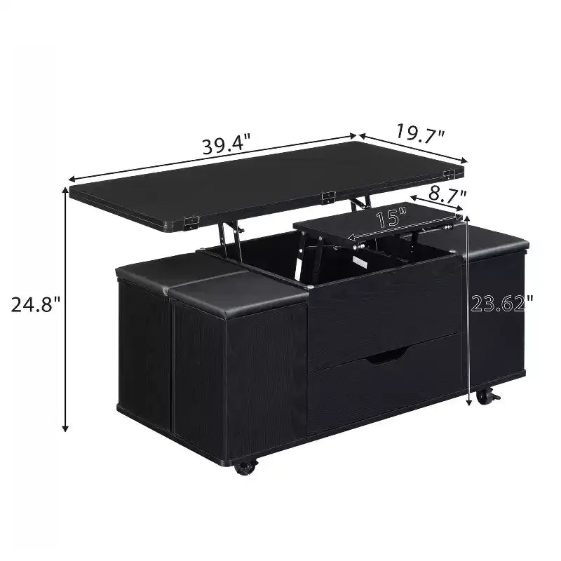 Tavolino da caffè moderno con piano sollevabile, contenitore a scomparsa e 4 sgabelli, Nero / Bianco Naturale / Noce Bianco, per un massimo di 5 persone