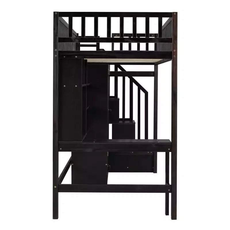 Letto a soppalco singolo Espresso/Grigio/Bianco con scale, scrivania, armadio e libreria, per 1 persona