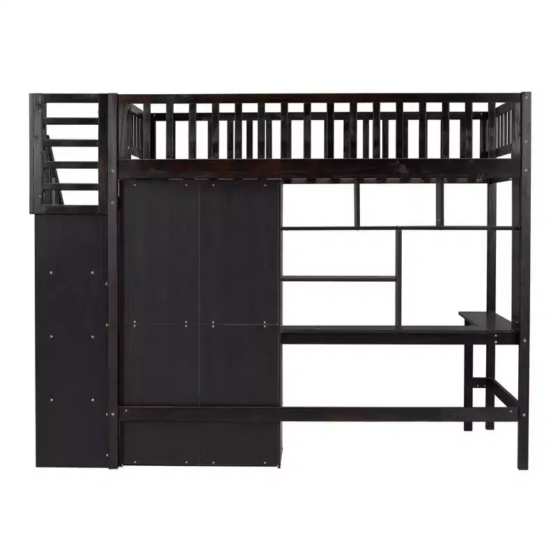 Letto a soppalco singolo Espresso/Grigio/Bianco con scale, scrivania, armadio e libreria, per 1 persona