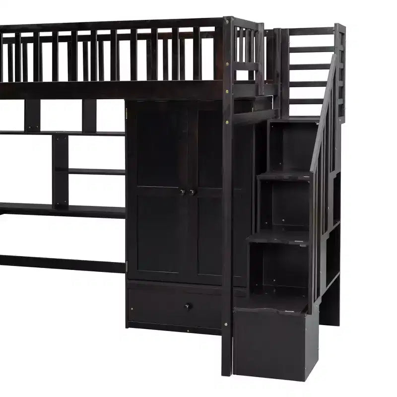 Letto a soppalco singolo Espresso/Grigio/Bianco con scale, scrivania, armadio e libreria, per 1 persona