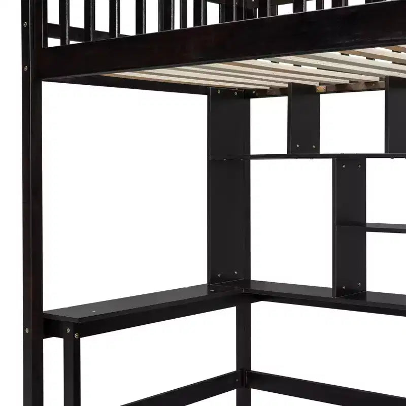 Letto a soppalco singolo Espresso/Grigio/Bianco con scale, scrivania, armadio e libreria, per 1 persona