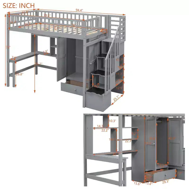 Letto a soppalco singolo Espresso/Grigio/Bianco con scale, scrivania, armadio e libreria, per 1 persona