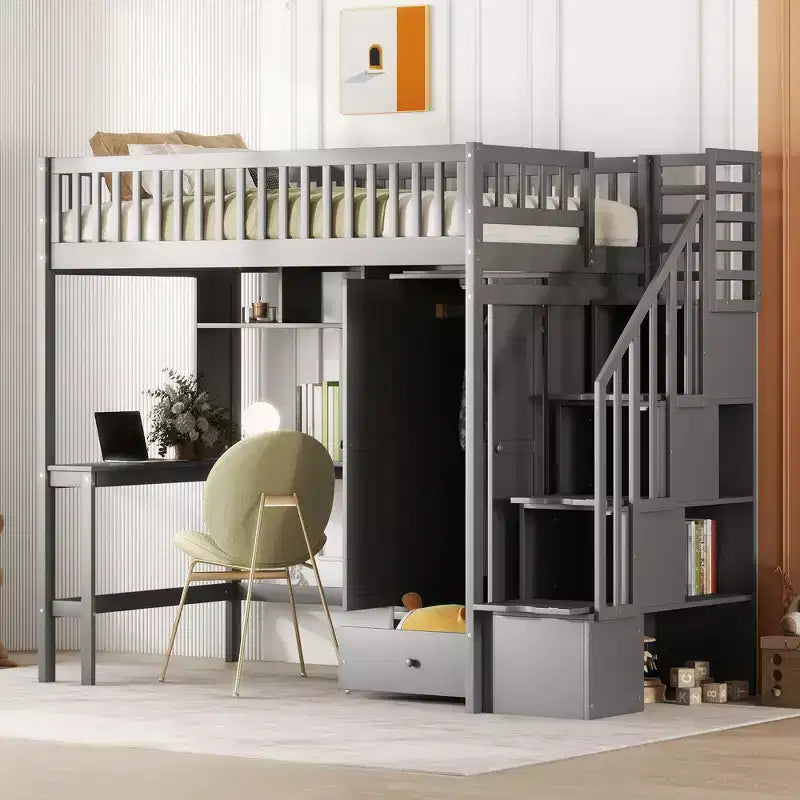 Letto a soppalco singolo Espresso/Grigio/Bianco con scale, scrivania, armadio e libreria, per 1 persona