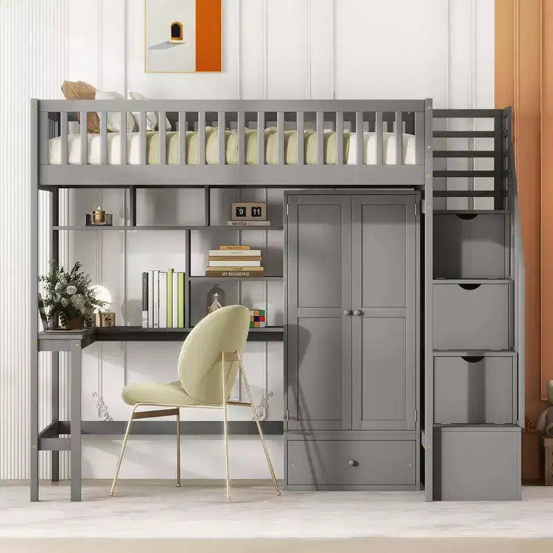 Letto a soppalco singolo Espresso/Grigio/Bianco con scale, scrivania, armadio e libreria, per 1 persona