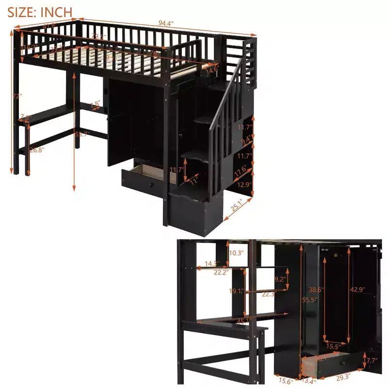 Letto a soppalco singolo Espresso/Grigio/Bianco con scale, scrivania, armadio e libreria, per 1 persona