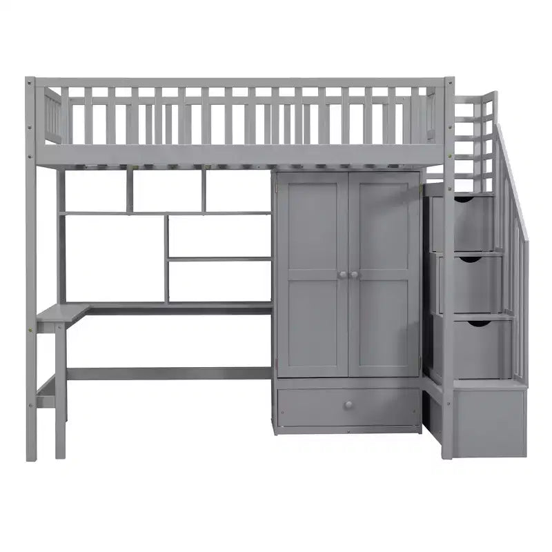 Letto a soppalco singolo Espresso/Grigio/Bianco con scale, scrivania, armadio e libreria, per 1 persona
