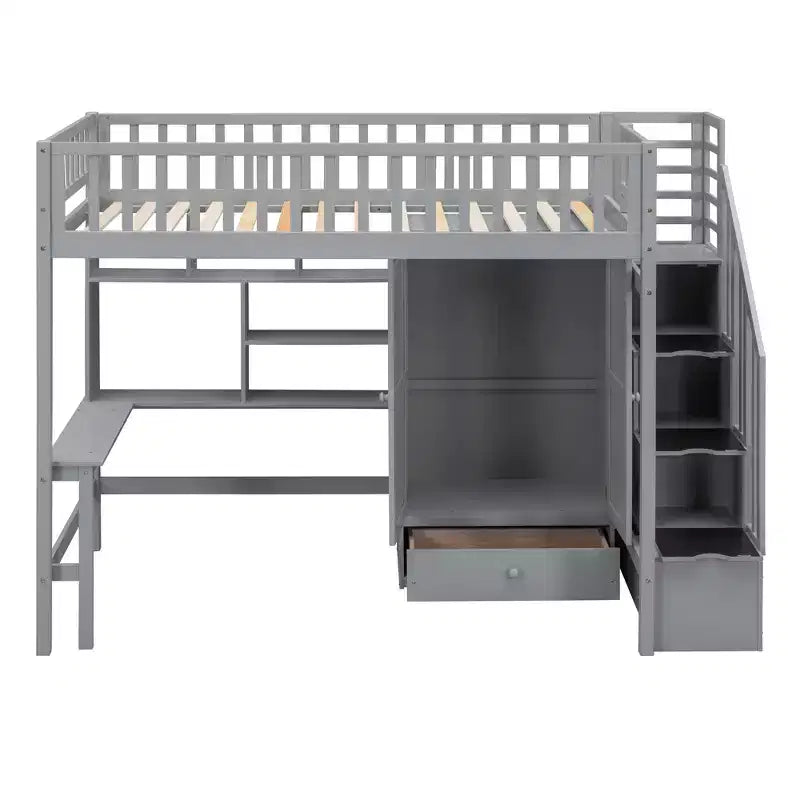 Letto a soppalco singolo Espresso/Grigio/Bianco con scale, scrivania, armadio e libreria, per 1 persona