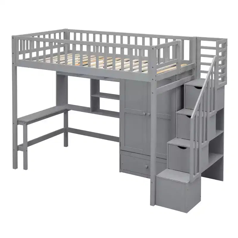 Letto a soppalco singolo Espresso/Grigio/Bianco con scale, scrivania, armadio e libreria, per 1 persona
