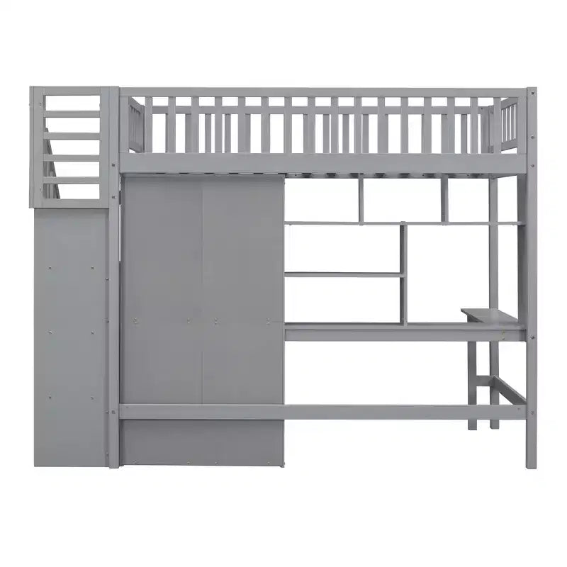 Letto a soppalco singolo Espresso/Grigio/Bianco con scale, scrivania, armadio e libreria, per 1 persona