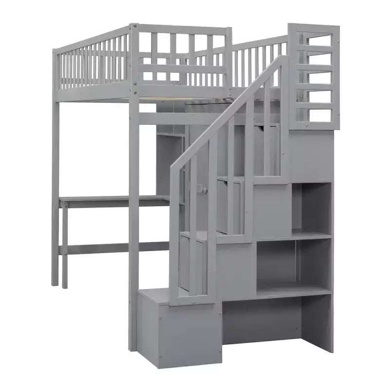 Letto a soppalco singolo Espresso/Grigio/Bianco con scale, scrivania, armadio e libreria, per 1 persona