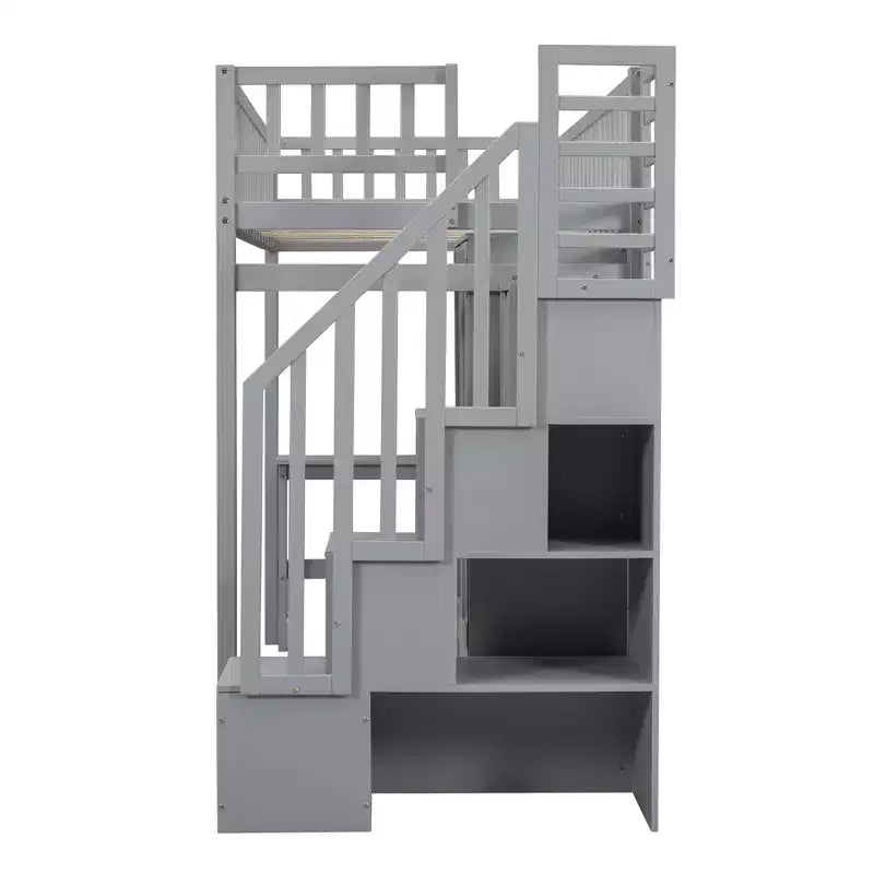 Letto a soppalco singolo Espresso/Grigio/Bianco con scale, scrivania, armadio e libreria, per 1 persona