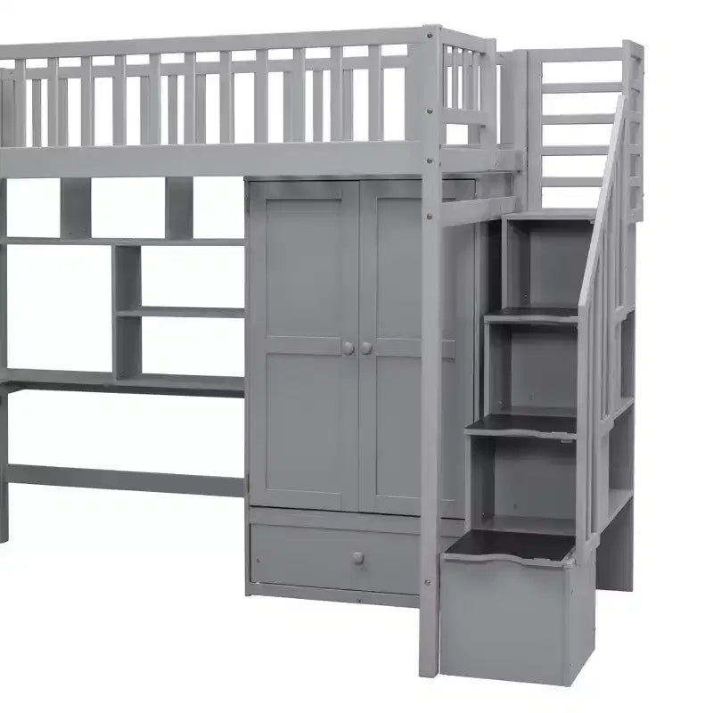 Letto a soppalco singolo Espresso/Grigio/Bianco con scale, scrivania, armadio e libreria, per 1 persona