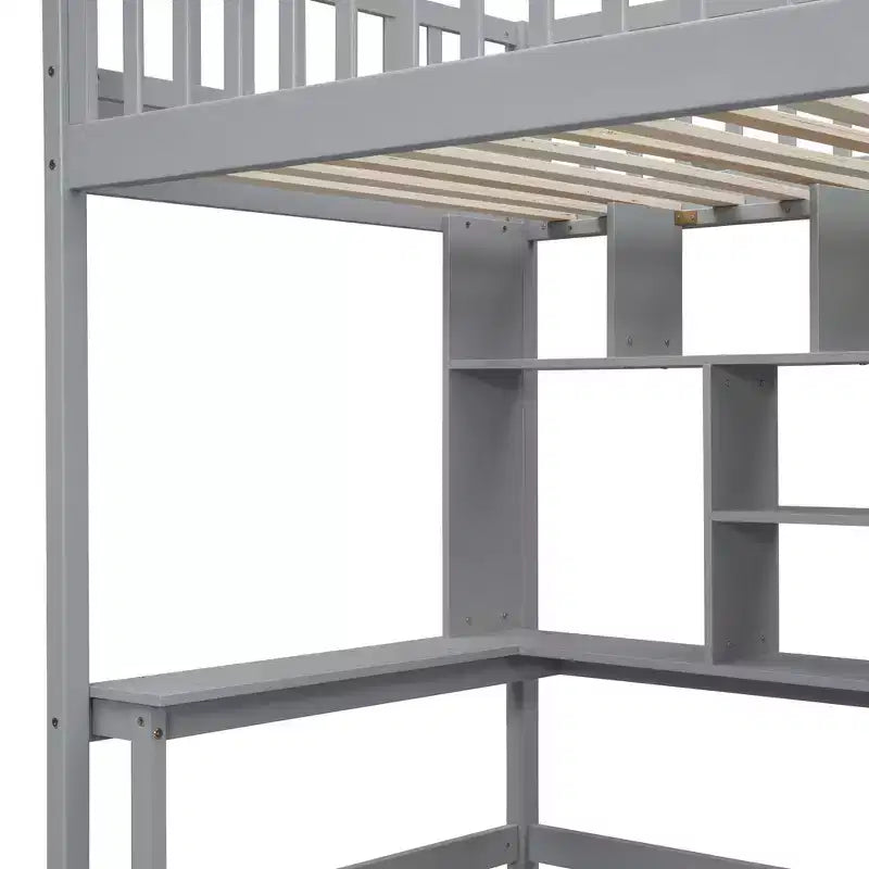 Letto a soppalco singolo Espresso/Grigio/Bianco con scale, scrivania, armadio e libreria, per 1 persona