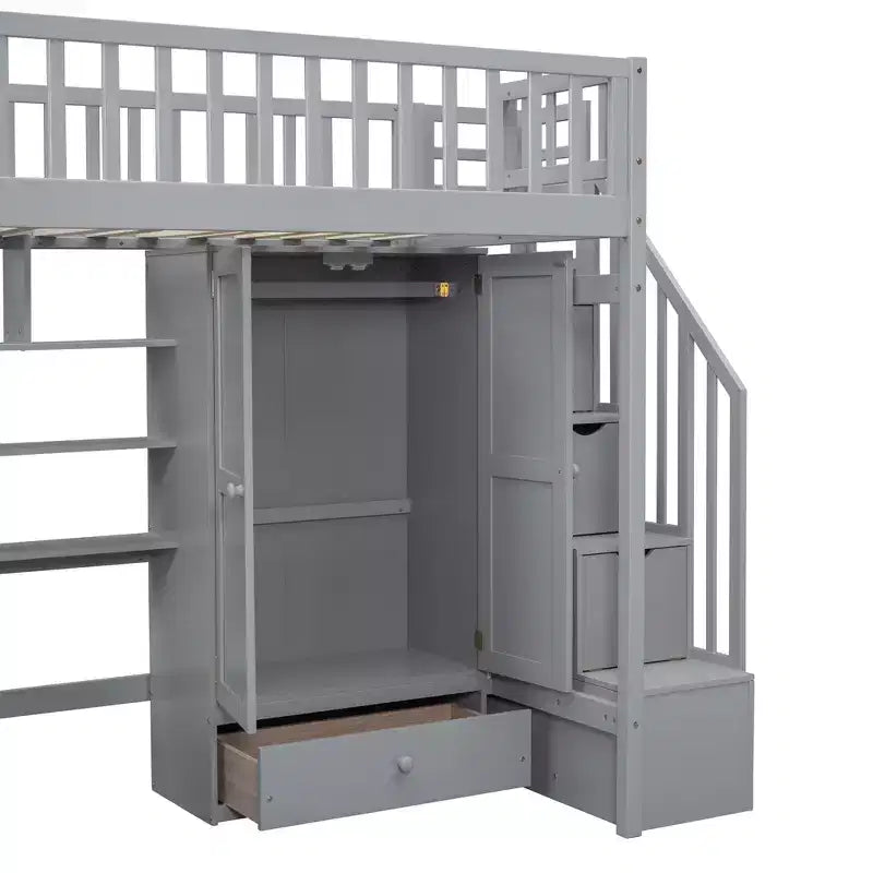 Letto a soppalco singolo Espresso/Grigio/Bianco con scale, scrivania, armadio e libreria, per 1 persona