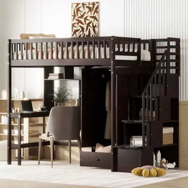 Letto a soppalco singolo Espresso/Grigio/Bianco con scale, scrivania, armadio e libreria, per 1 persona