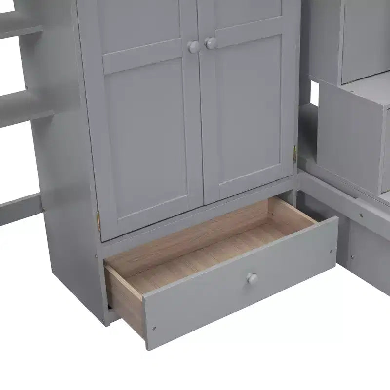Letto a soppalco singolo Espresso/Grigio/Bianco con scale, scrivania, armadio e libreria, per 1 persona