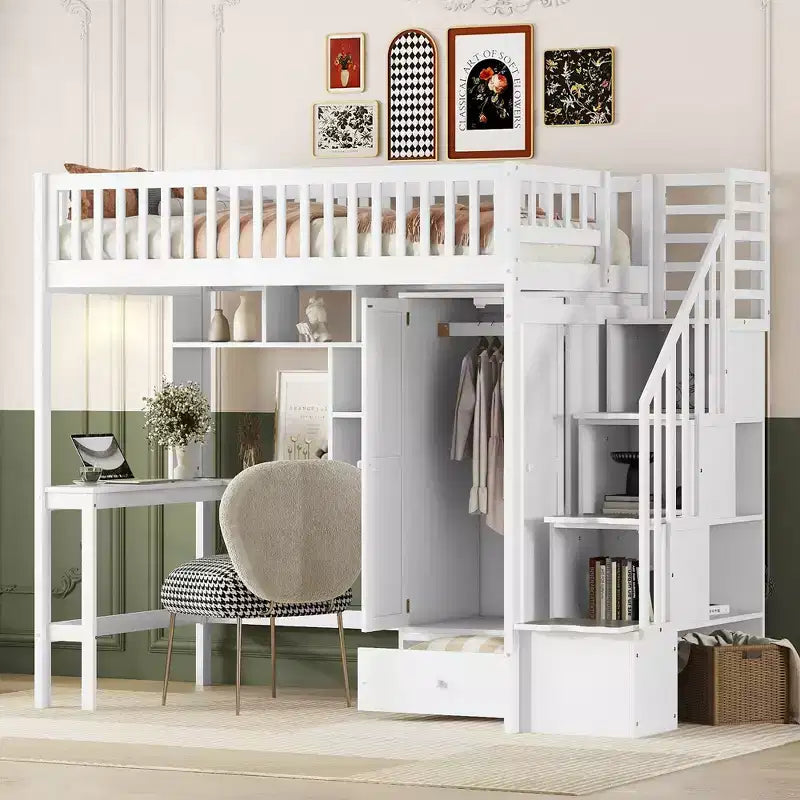 Letto a soppalco singolo Espresso/Grigio/Bianco con scale, scrivania, armadio e libreria, per 1 persona