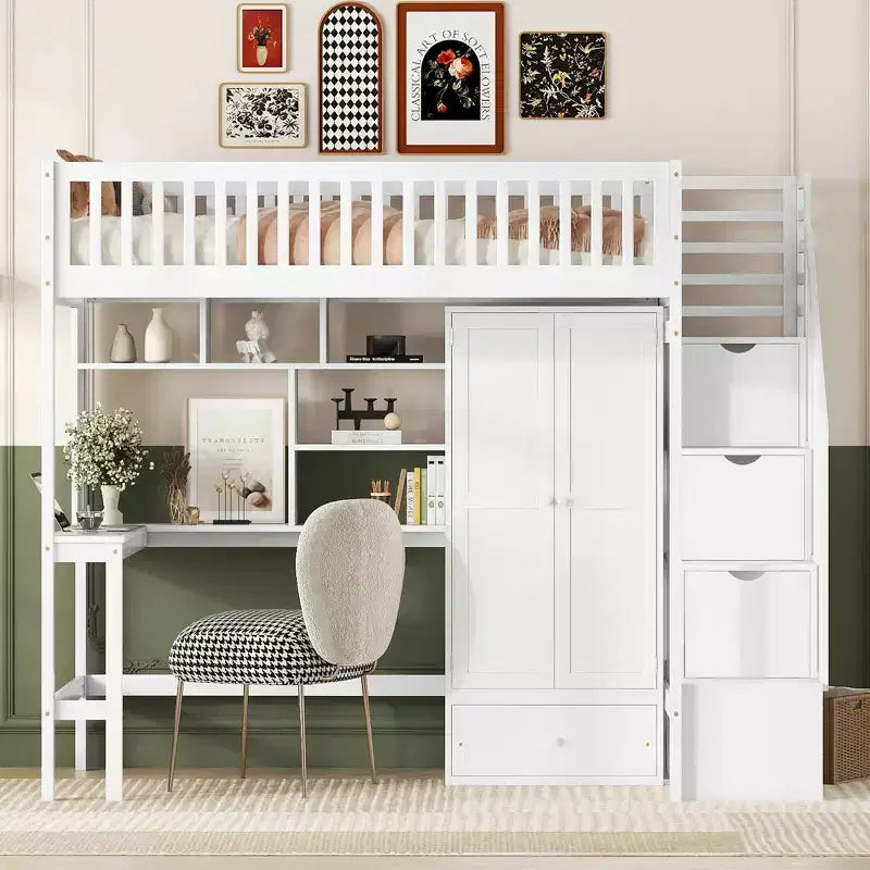 Letto a soppalco singolo Espresso/Grigio/Bianco con scale, scrivania, armadio e libreria, per 1 persona