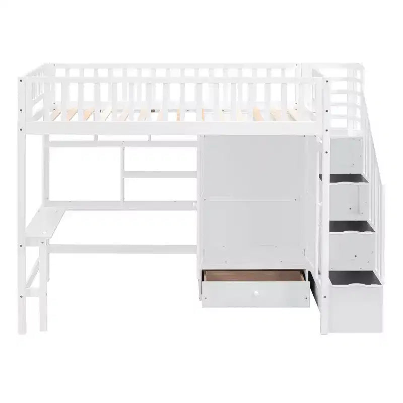 Letto a soppalco singolo Espresso/Grigio/Bianco con scale, scrivania, armadio e libreria, per 1 persona