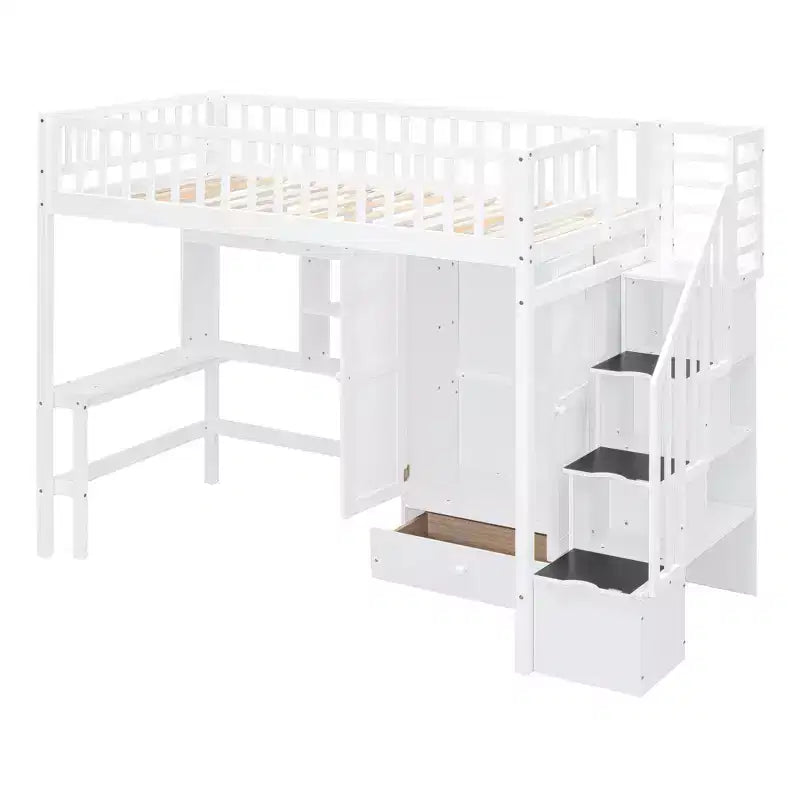 Letto a soppalco singolo Espresso/Grigio/Bianco con scale, scrivania, armadio e libreria, per 1 persona