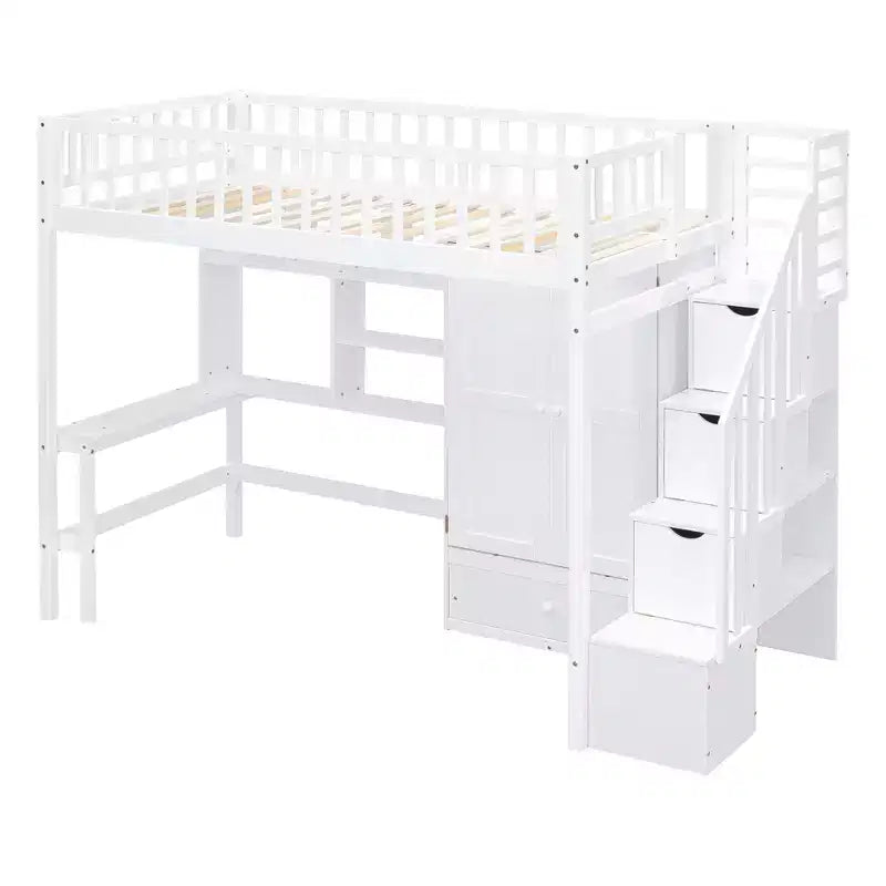 Letto a soppalco singolo Espresso/Grigio/Bianco con scale, scrivania, armadio e libreria, per 1 persona