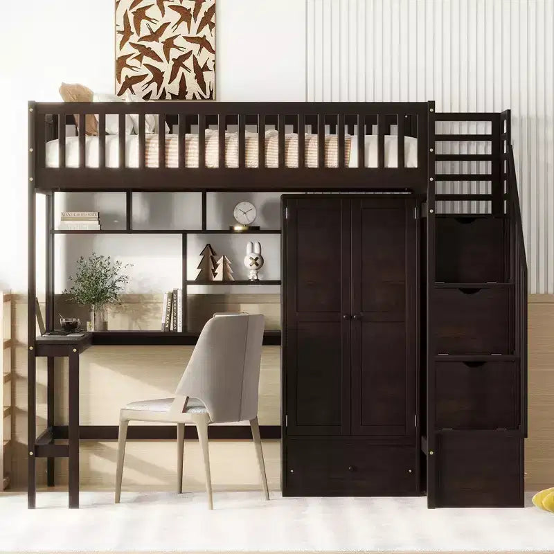Letto a soppalco singolo Espresso/Grigio/Bianco con scale, scrivania, armadio e libreria, per 1 persona