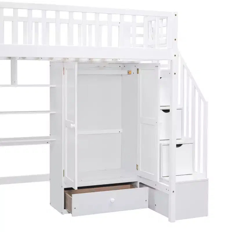 Letto a soppalco singolo Espresso/Grigio/Bianco con scale, scrivania, armadio e libreria, per 1 persona